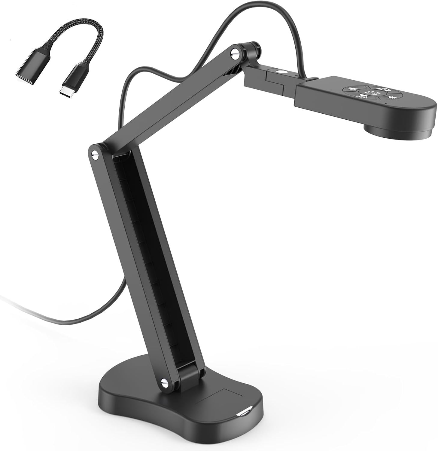 Pakotoo 8MP document camera on a folding arm, shown with the bundled USB-A to USB-C adapter cable