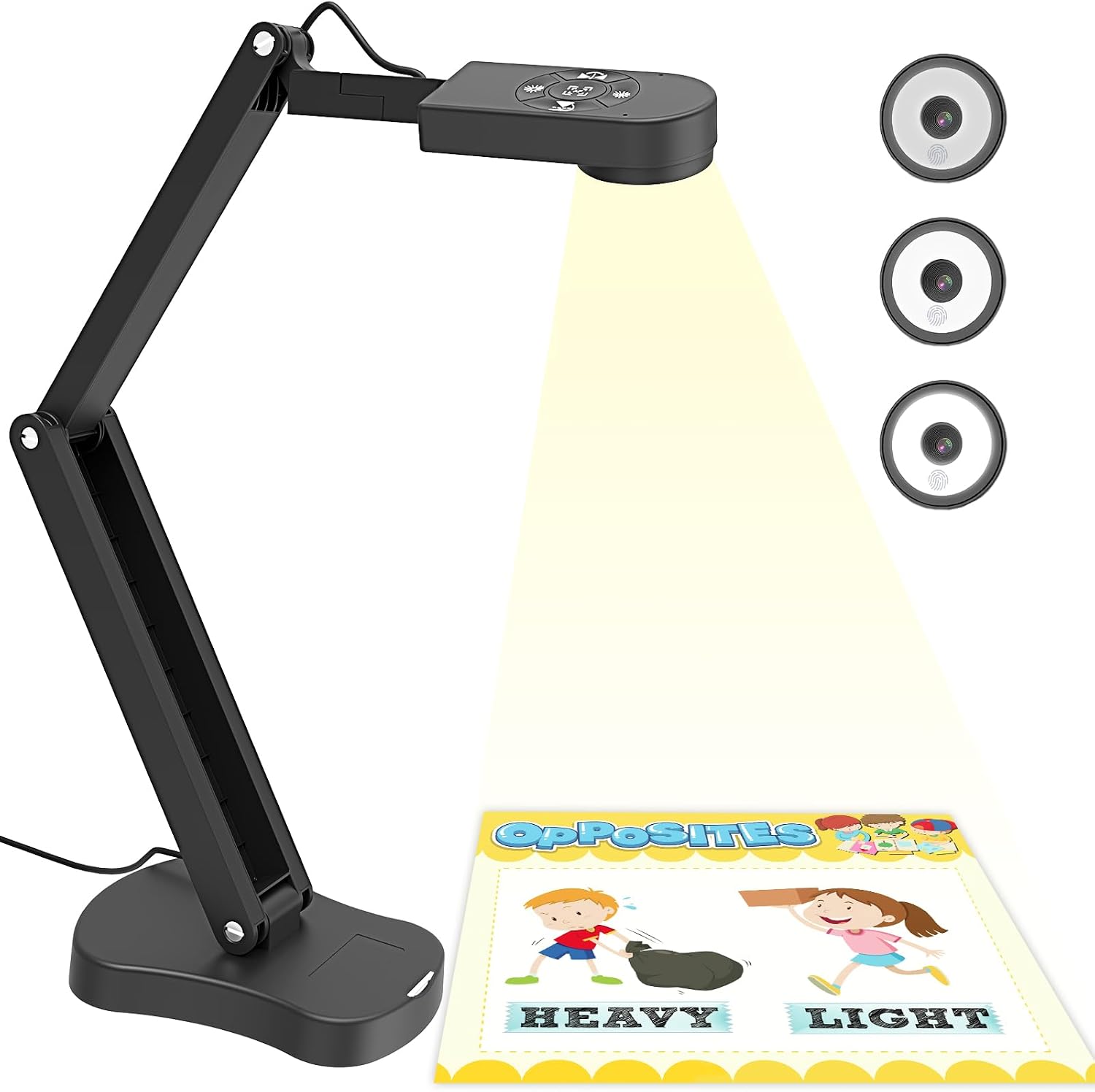 Pakotoo KB700 8MP document camera on a folding articulated arm, lighting a printed flashcard below the lens